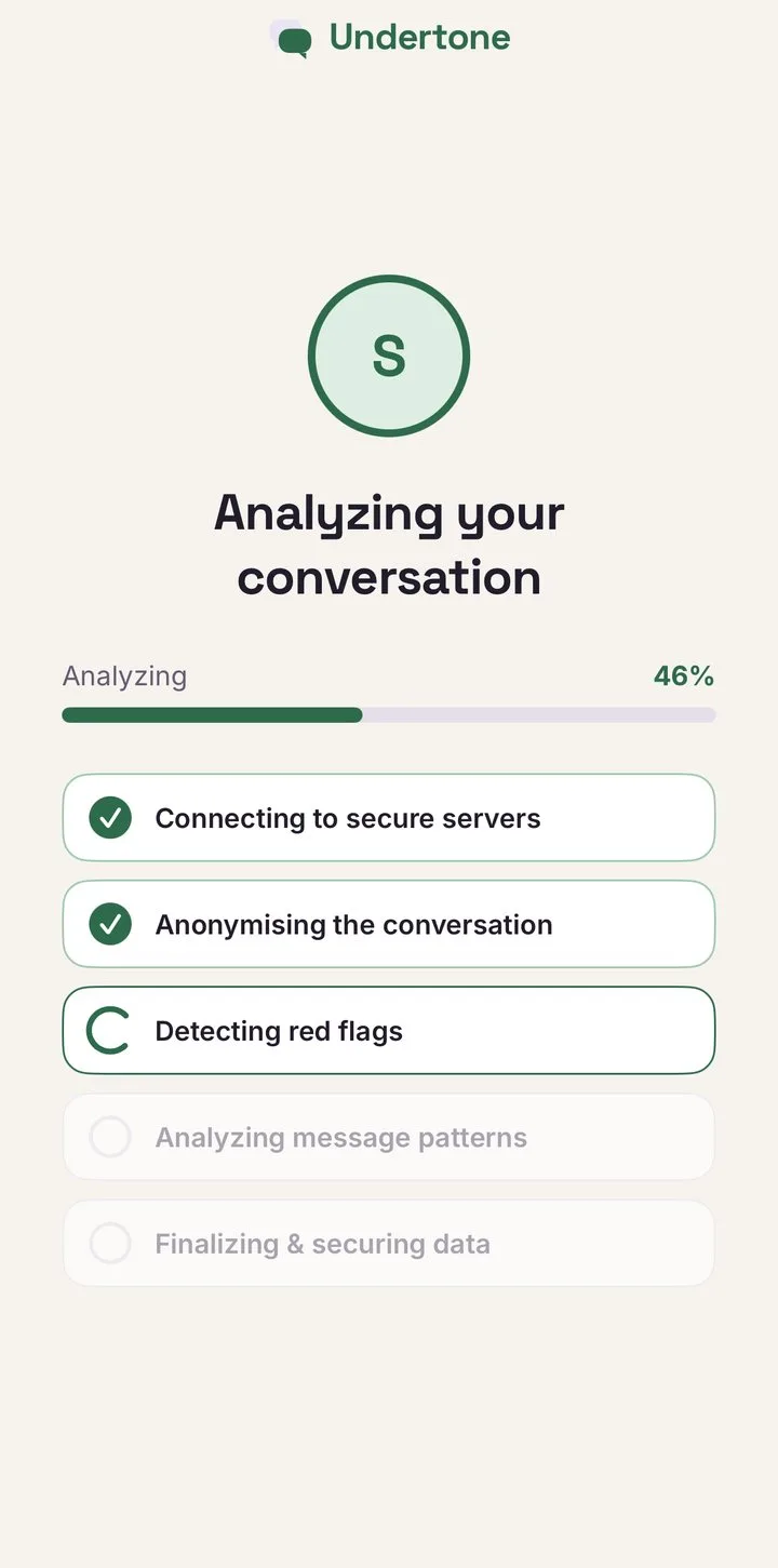 AI chat analysis in progress with staged steps reading the conversation