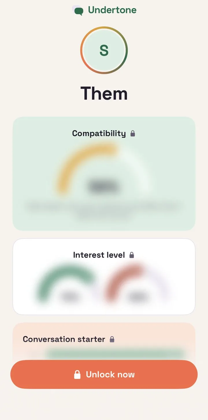 Undertone results teaser with compatibility score, interest level meters and a suggested conversation starter